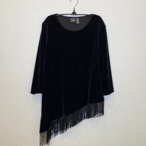 Chico’s Travelers Velvet Fringe Hem Top EUC Sz 16 Stretch Black 3/4 Sleeves